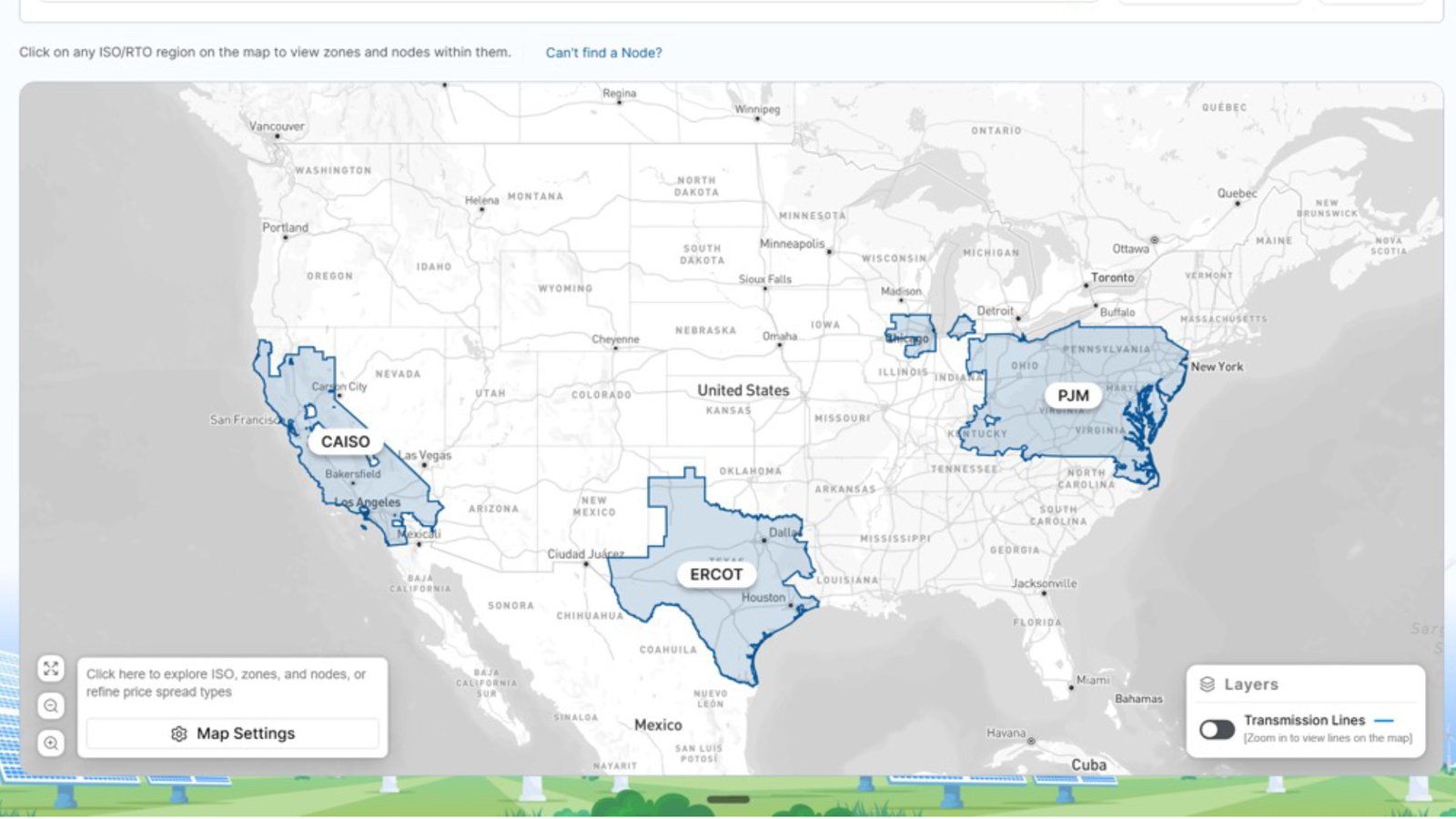 ISO/RTO coverage map — CAISO, ERCOT, PJM